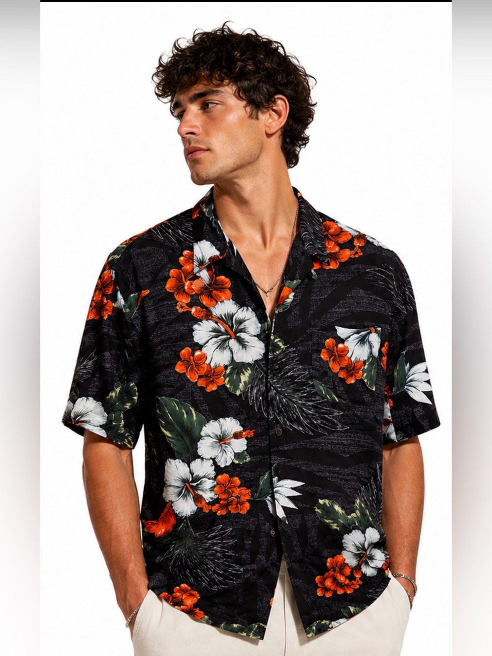 George Black Short-Sleeve Hawaiian Shirt with Orange & White Floral Print